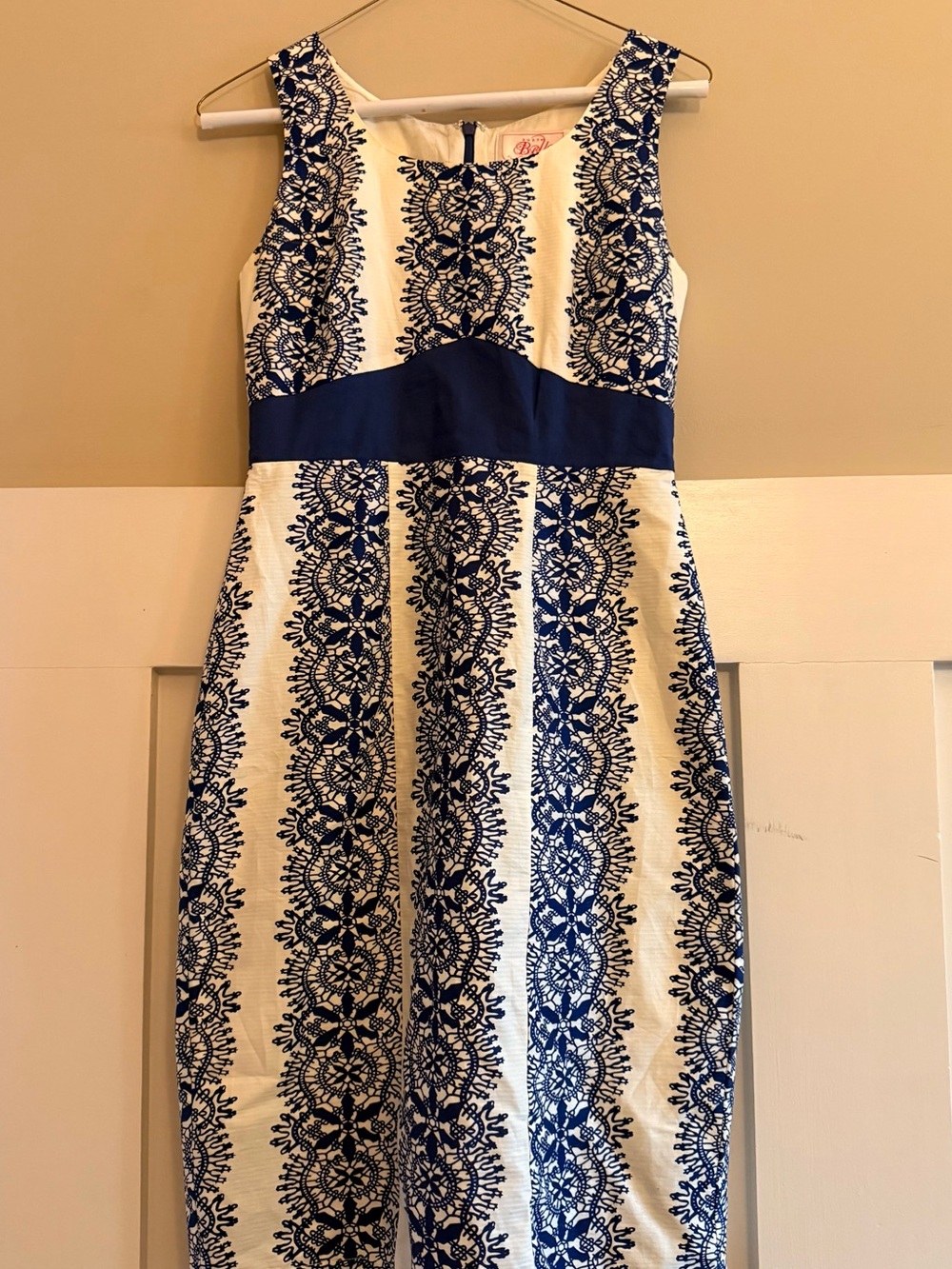 Anthropologie White and Navy Lace-Print Sheath Dress